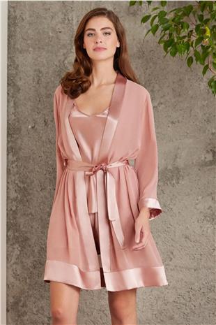 Pierre Cardin 7085 Kadın Brandy Gelin Çeyiz Seti 4lü Saten Sabahlık Gecelik Şortlu Takım