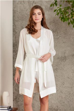 Pierre Cardin 7085 Kadın Ekru Gelin Çeyiz Seti 4lü Saten Sabahlık Gecelik Şortlu Takım