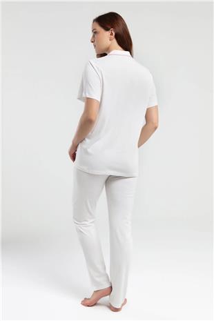 Pierre Cardin 7715 Kadın Krem Kısa Kollu Önden Düğmeli Biyeli Gömlek Pijama Takımı