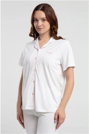 Pierre Cardin 7715 Kadın Krem Kısa Kollu Önden Düğmeli Biyeli Gömlek Pijama Takımı
