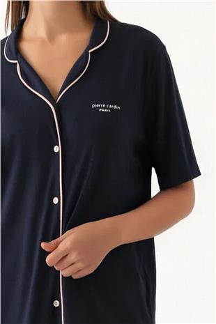 Pierre Cardin 7715 Kadın Lacivert Kısa Kollu Önden Düğmeli Biyeli Gömlek Pijama Takımı