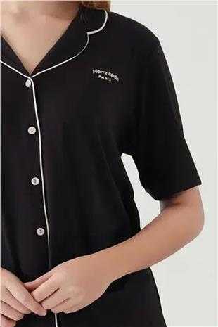 Pierre Cardin 7715 Kadın Siyah Kısa Kollu Önden Düğmeli Biyeli Gömlek Pijama Takımı