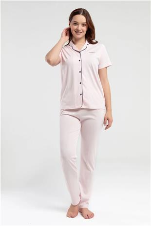 Pierre Cardin 7715 Kadın Somon Kısa Kollu Önden Düğmeli Biyeli Gömlek Pijama Takımı