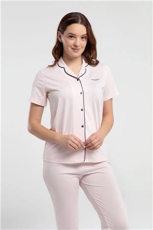 Pierre Cardin 7715 Kadın Somon Kısa Kollu Önden Düğmeli Biyeli Gömlek Pijama Takımı