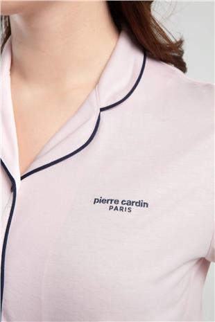 Pierre Cardin 7715 Kadın Somon Kısa Kollu Önden Düğmeli Biyeli Gömlek Pijama Takımı