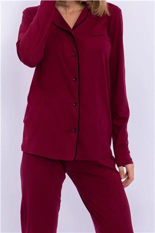 Pierre Cardin 7717 Kadın Bordo Uzun Kollu Önden Düğmeli Biyeli Gömlek Pijama Takımı