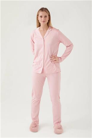 Pierre Cardin 7717 Kadın Gül Kurusu Uzun Kollu Önden Düğmeli Biyeli Gömlek Pijama Takımı