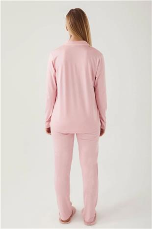 Pierre Cardin 7717 Kadın Gül Kurusu Uzun Kollu Önden Düğmeli Biyeli Gömlek Pijama Takımı