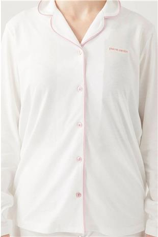 Pierre Cardin 7717 Kadın Krem Uzun Kollu Önden Düğmeli Biyeli Gömlek Pijama Takımı