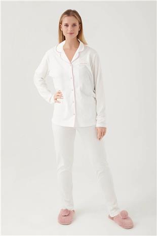 Pierre Cardin 7717 Kadın Krem Uzun Kollu Önden Düğmeli Biyeli Gömlek Pijama Takımı