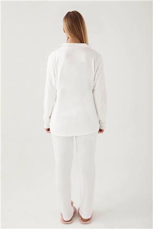 Pierre Cardin 7717 Kadın Krem Uzun Kollu Önden Düğmeli Biyeli Gömlek Pijama Takımı