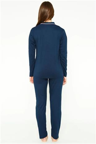 Pierre Cardin 7717 Kadın Lacivert Uzun Kollu Önden Düğmeli Biyeli Gömlek Pijama Takımı
