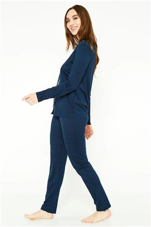 Pierre Cardin 7717 Kadın Lacivert Uzun Kollu Önden Düğmeli Biyeli Gömlek Pijama Takımı