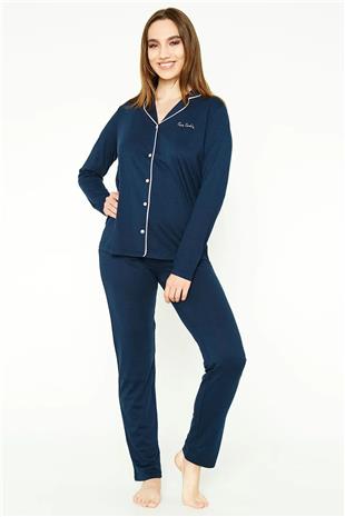 Pierre Cardin 7717 Kadın Lacivert Uzun Kollu Önden Düğmeli Biyeli Gömlek Pijama Takımı
