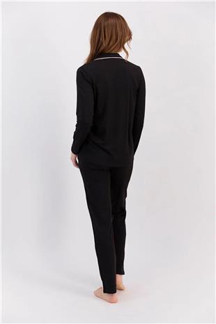 Pierre Cardin 7717 Kadın Siyah Uzun Kollu Önden Düğmeli Biyeli Gömlek Pijama Takımı