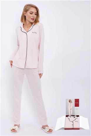 Pierre Cardin 7717 Kadın Somon Uzun Kollu Önden Düğmeli Biyeli Gömlek Pijama Takımı