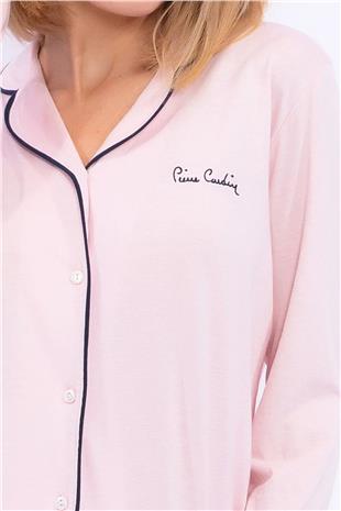 Pierre Cardin 7717 Kadın Somon Uzun Kollu Önden Düğmeli Biyeli Gömlek Pijama Takımı