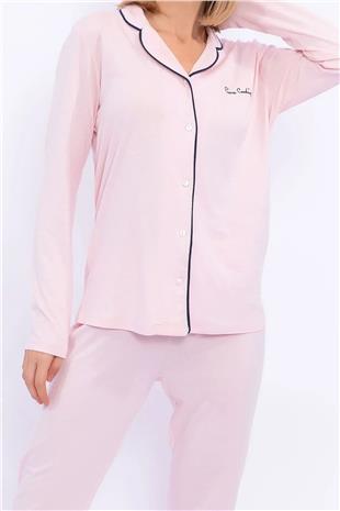 Pierre Cardin 7717 Kadın Somon Uzun Kollu Önden Düğmeli Biyeli Gömlek Pijama Takımı
