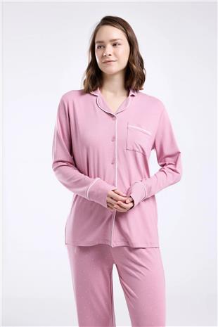 Pierre Cardin 8986 Kadın Gül Kurusu Uzun Kollu Önden Düğmeli Biyeli Gömlek Pijama Takımı