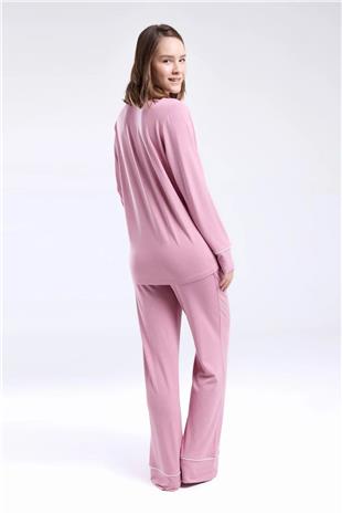 Pierre Cardin 8986 Kadın Gül Kurusu Uzun Kollu Önden Düğmeli Biyeli Gömlek Pijama Takımı