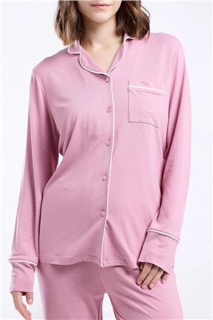 Pierre Cardin 8986 Kadın Gül Kurusu Uzun Kollu Önden Düğmeli Biyeli Gömlek Pijama Takımı