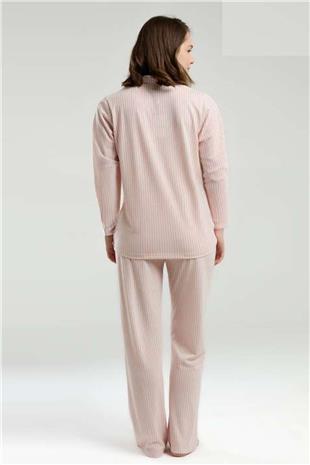 Pierre Cardin 9020 Kadın Pembe Uzun Kollu Önden Düğmeli Gömlek Pijama Takımı