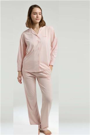 Pierre Cardin 9020 Kadın Pembe Uzun Kollu Önden Düğmeli Gömlek Pijama Takımı