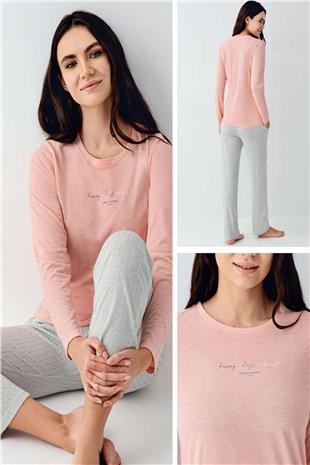 Pierre Cardin 9050 Kadın Somon Uzun Kollu Yuvarlak Yaka Pijama Takımı