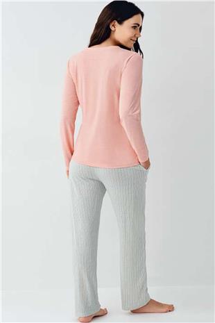 Pierre Cardin 9050 Kadın Somon Uzun Kollu Yuvarlak Yaka Pijama Takımı