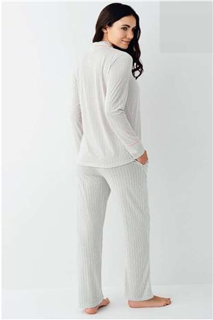 Pierre Cardin 9051 Kadın Nil Uzun Kollu Önden Düğmeli Gömlek Pijama Takımı