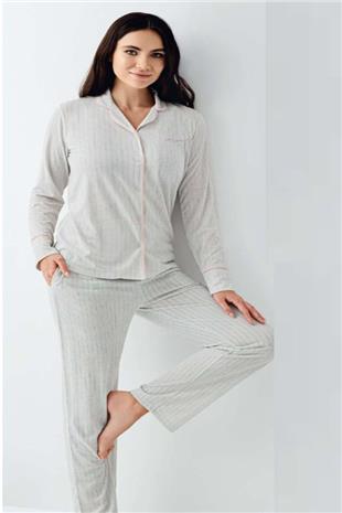 Pierre Cardin 9051 Kadın Nil Uzun Kollu Önden Düğmeli Gömlek Pijama Takımı