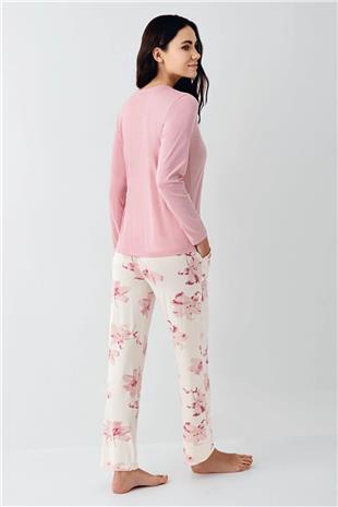 Pierre Cardin 9055 Kadın Gül Kurusu Uzun Kollu Yarım Pat Pijama Takımı