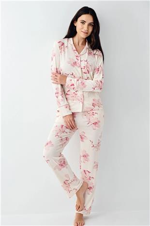Pierre Cardin 9056 Kadın Krem Uzun Kollu Önden Düğmeli Gömlek Pijama Takımı