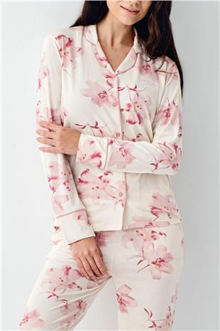 Pierre Cardin 9056 Kadın Krem Uzun Kollu Önden Düğmeli Gömlek Pijama Takımı