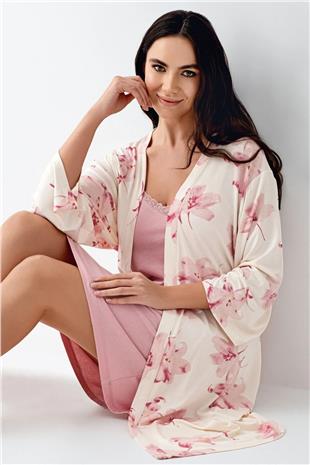 Pierre Cardin 9057 Kadın Krem Sabahlıklı İp Askılı Gecelik Takım