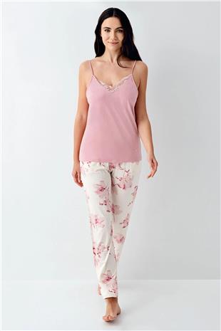 Pierre Cardin 9058 Kadın Gül Kurusu Sabahlıklı İp Askılı Dantel Detaylı 3Lü Pijama Takımı