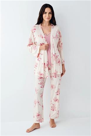 Pierre Cardin 9058 Kadın Gül Kurusu Sabahlıklı İp Askılı Dantel Detaylı 3Lü Pijama Takımı