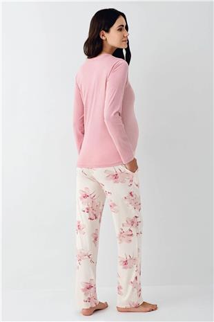Pierre Cardin 9059 Kadın Gül Kurusu Uzun Kollu Hamile Lohusa Önden Emzirme Özellikli Pijama Takımı