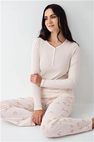 Pierre Cardin 9062 Kadın Toz Pembe Uzun Kollu Yarım Pat V Yaka Pijama Takımı