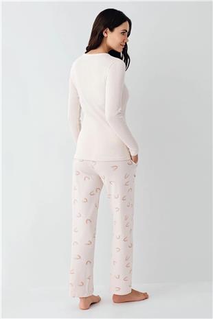 Pierre Cardin 9062 Kadın Toz Pembe Uzun Kollu Yarım Pat V Yaka Pijama Takımı