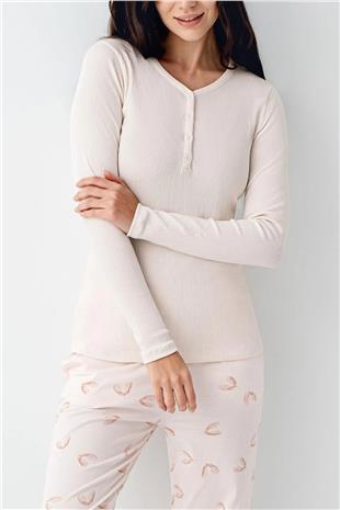 Pierre Cardin 9062 Kadın Toz Pembe Uzun Kollu Yarım Pat V Yaka Pijama Takımı