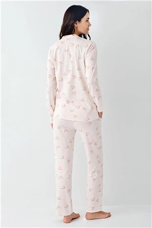 Pierre Cardin 9064 Kadın Toz Pembe Uzun Kollu Önden Düğmeli Gömlek Pijama Takımı