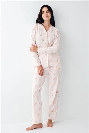 Pierre Cardin 9064 Kadın Toz Pembe Uzun Kollu Önden Düğmeli Gömlek Pijama Takımı