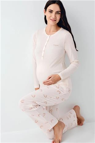 Pierre Cardin 9066 Kadın Toz Pembe Uzun Kollu Hamile Lohusa Önden Emzirme Özellikli Pijama Takımı