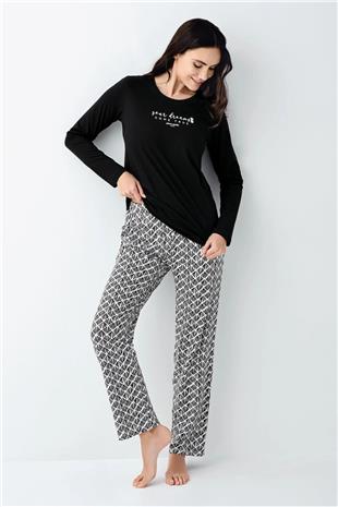 Pierre Cardin 9068 Kadın Siyah Uzun Kollu Yuvarlak Yaka Pijama Takımı