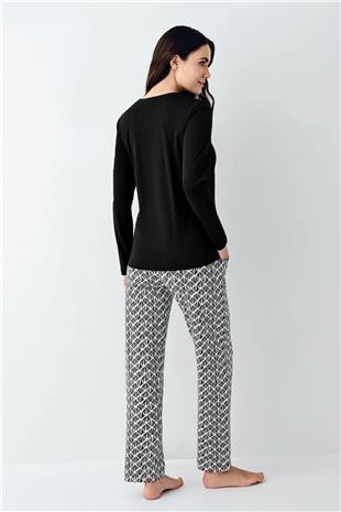 Pierre Cardin 9068 Kadın Siyah Uzun Kollu Yuvarlak Yaka Pijama Takımı