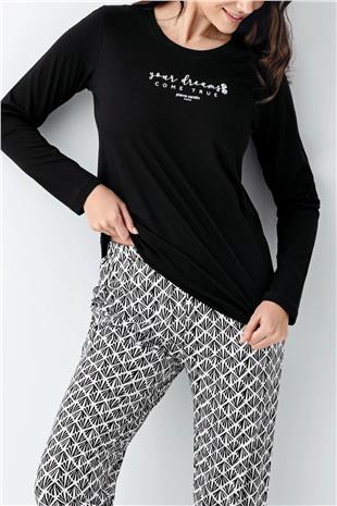 Pierre Cardin 9068 Kadın Siyah Uzun Kollu Yuvarlak Yaka Pijama Takımı