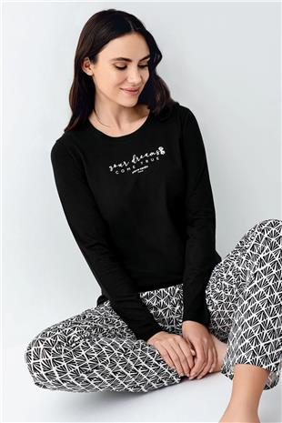 Pierre Cardin 9068 Kadın Siyah Uzun Kollu Yuvarlak Yaka Pijama Takımı