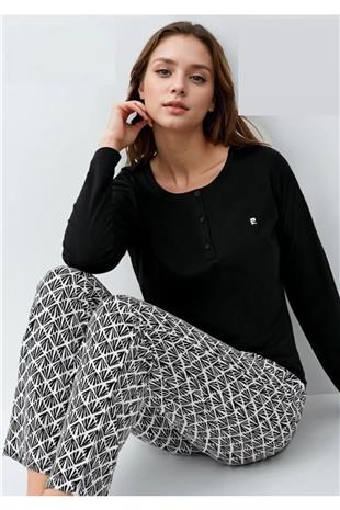 Pierre Cardin 9069 Kadın Siyah Uzun Kollu Yarım Pat Pijama Takımı