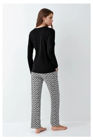 Pierre Cardin 9069B Kadın Siyah Uzun Kollu Yarım Pat Pijama Takımı